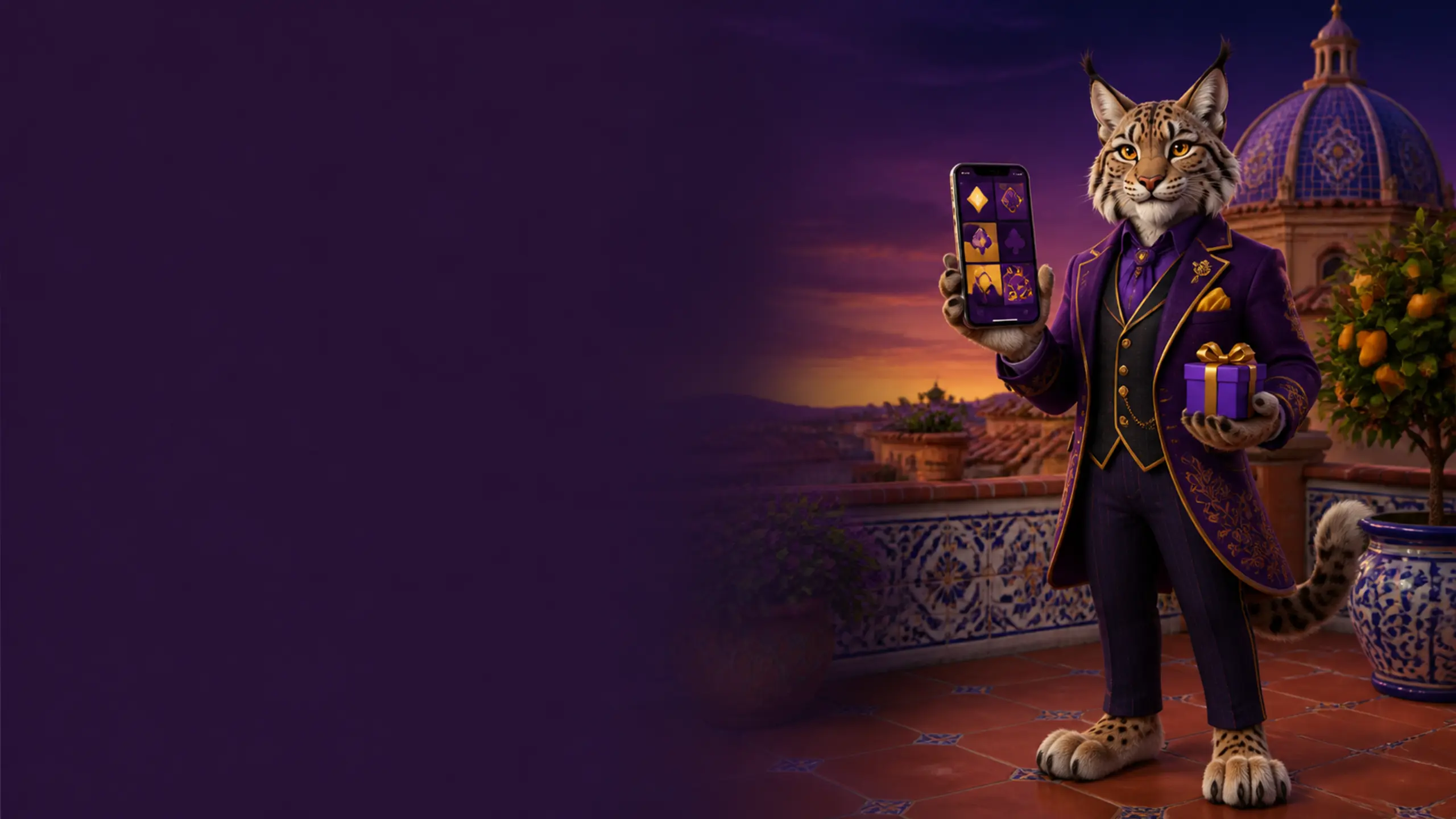App de Bizzo Casino para España con la mascota lince y un smartphone