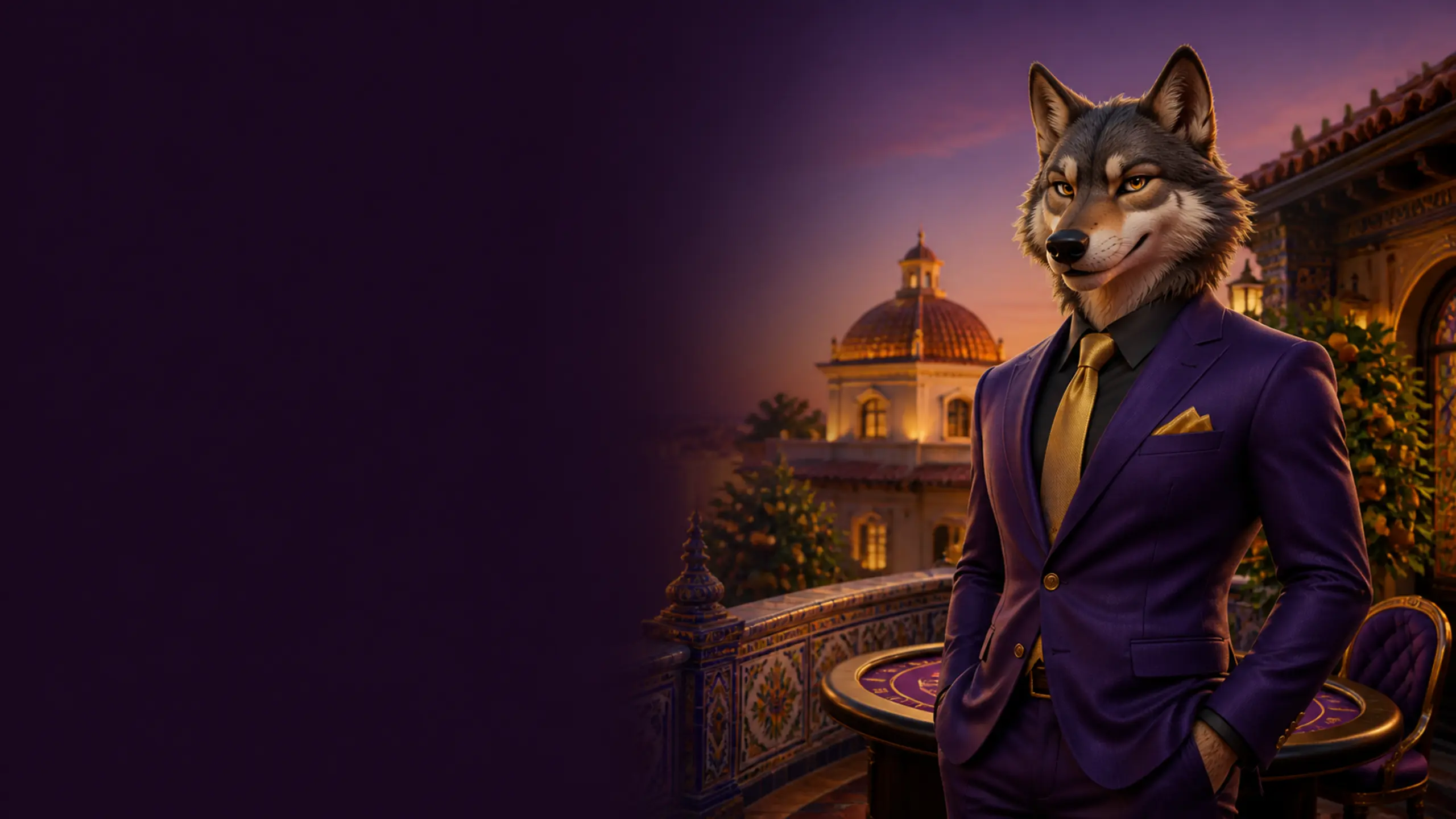 Bizzo Casino España – mascota lobo en la sala del casino con monedas de oro
